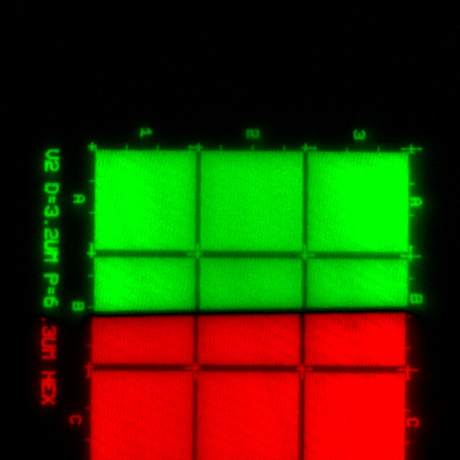 Two neighbouring exposure fields, coloured green and red, meeting on the camera sensor