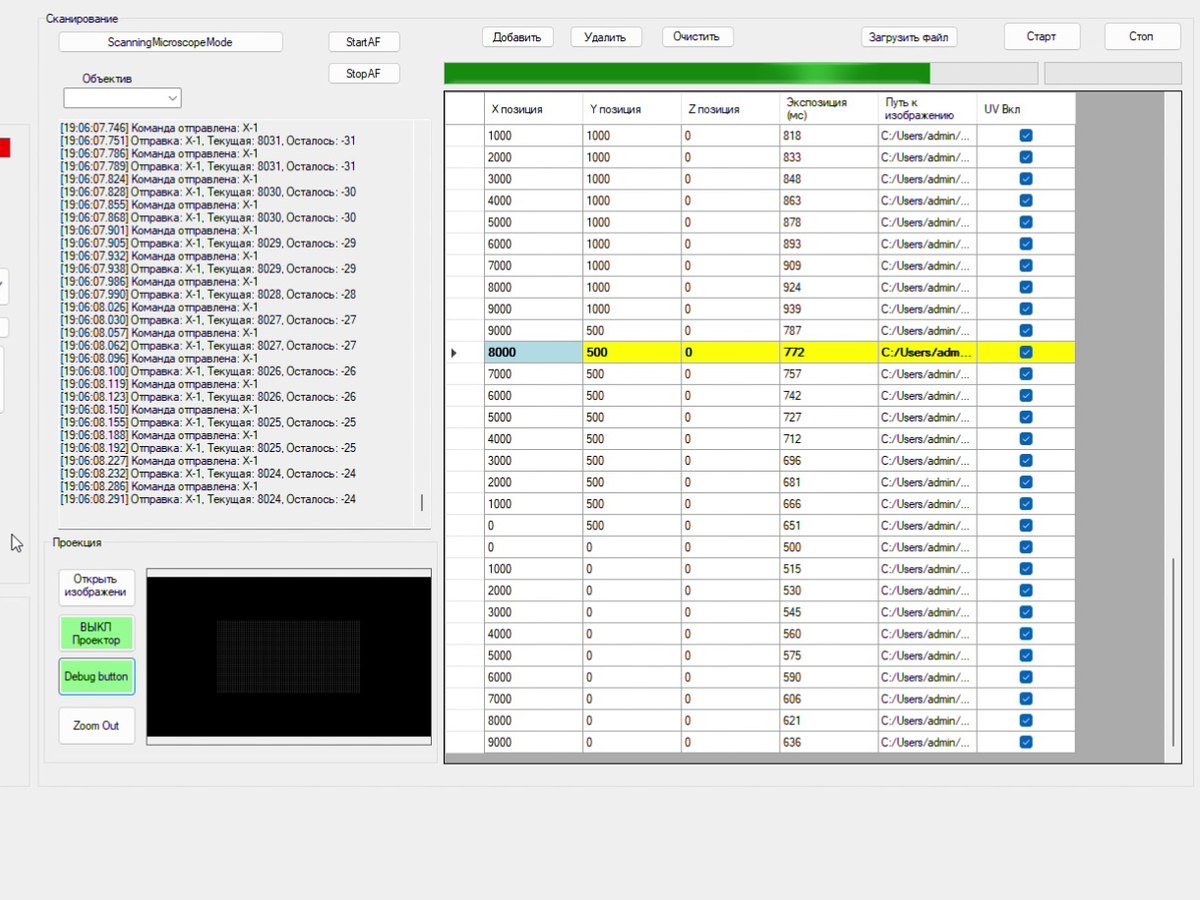 The first control program: a table of stage positions with an exposure time for each field