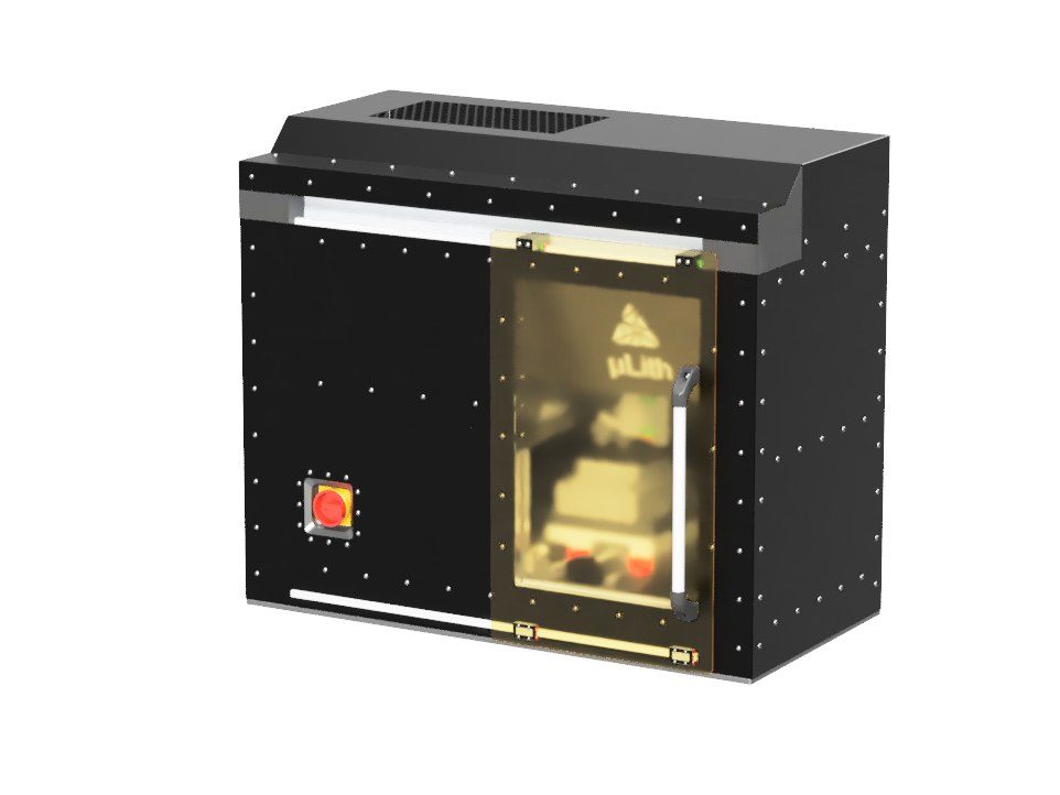The enclosure: head, stage and electronics in one light-tight box with an E-stop.