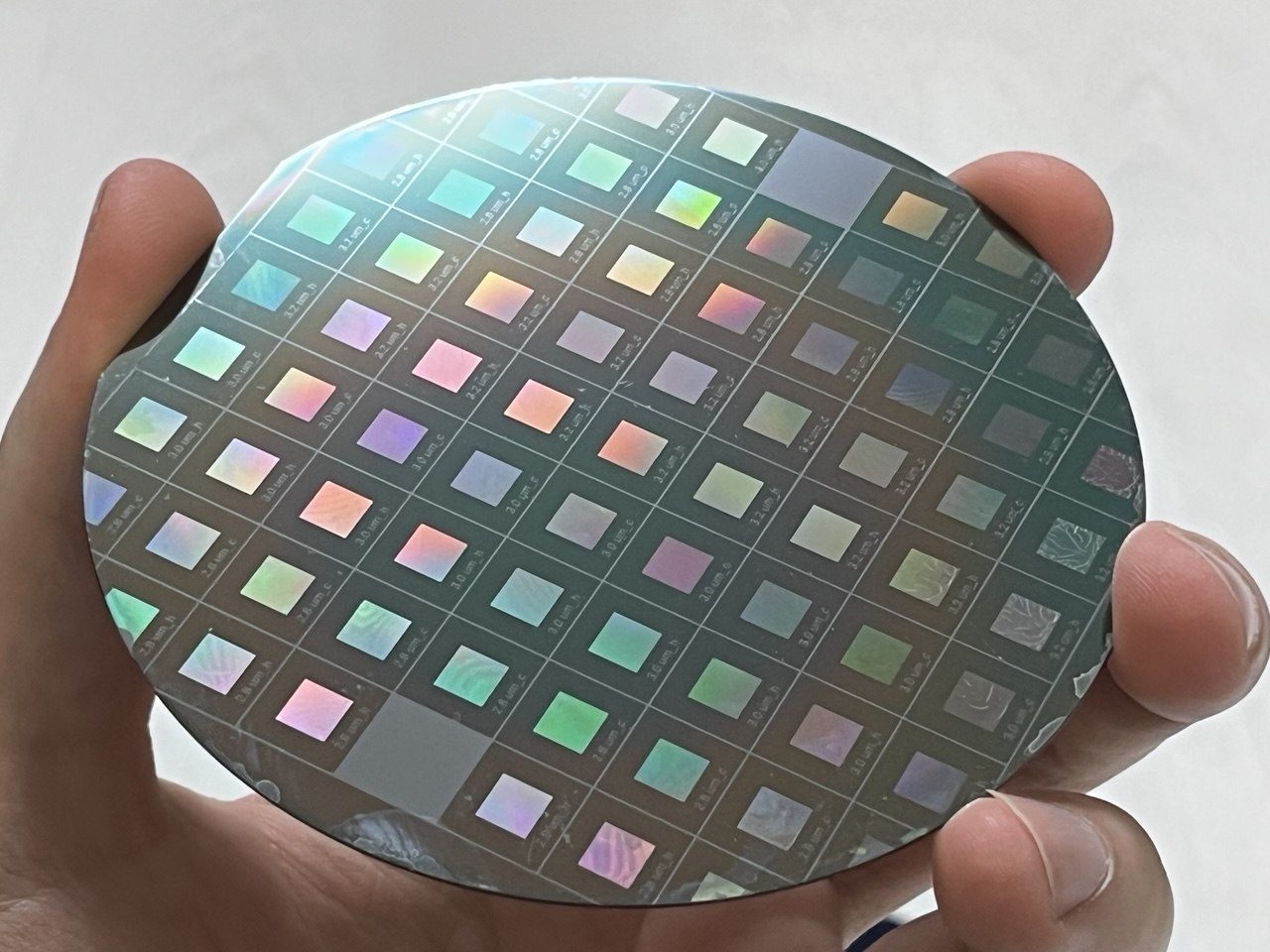 A die array across a whole wafer, stitched by step-and-repeat.