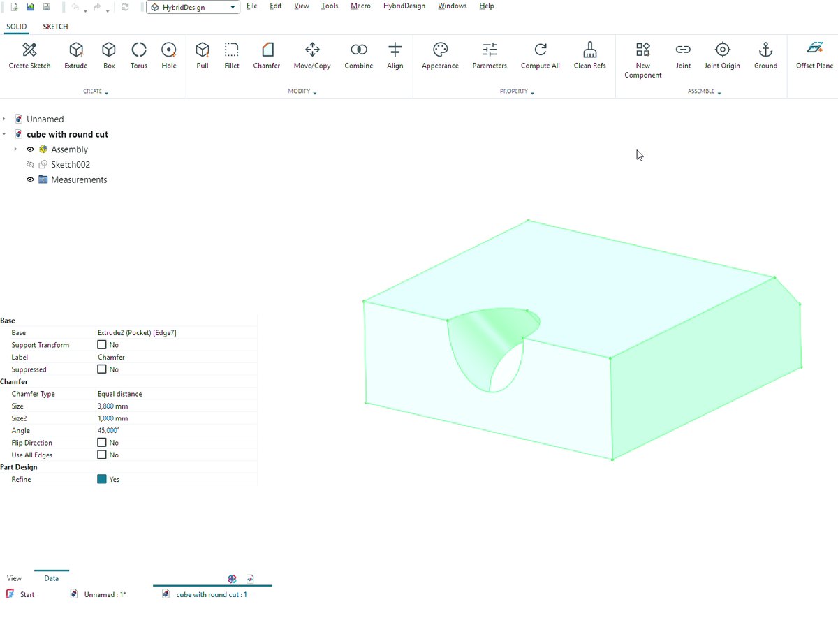 FreeCAD with the HybridDesign command ribbon: Create, Modify, Assemble, Construct, Inspect